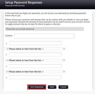 Set Password Responses Screen