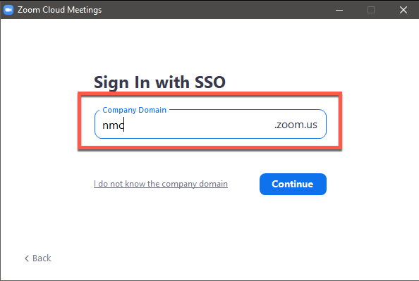 Sign in with SSO screen adding nmc to company domain