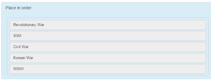 Question listing American wars to be placed in order.
