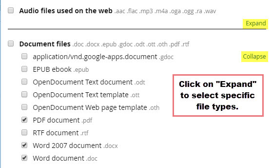 Select specific file types.