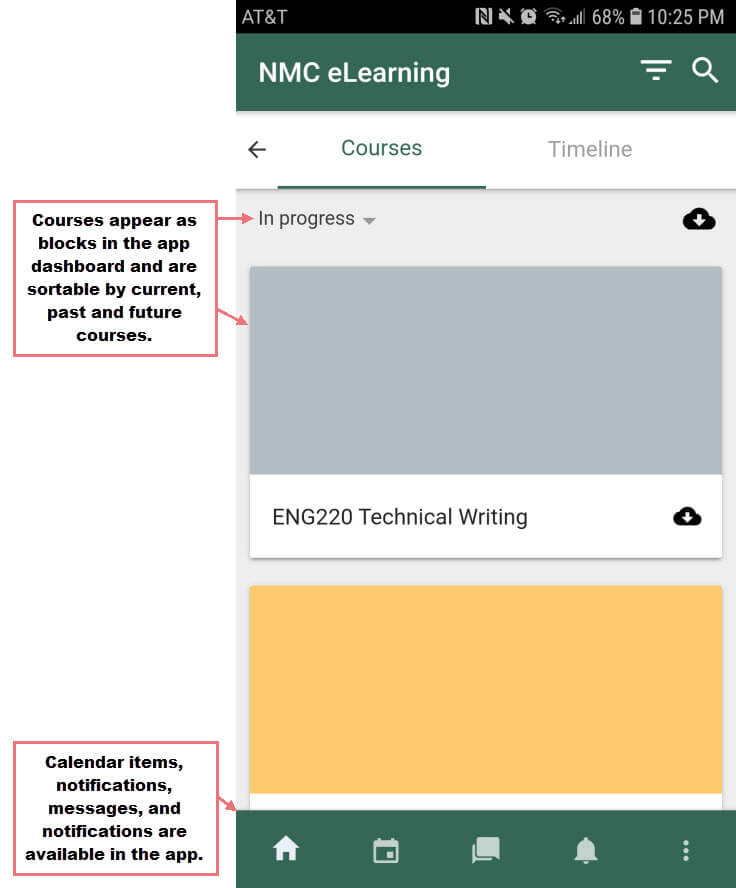 The Moodle mobile app dashboard.