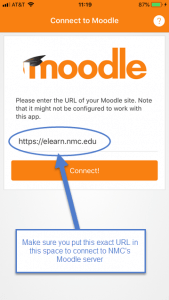 Make sure the URL you copy and paste (or type) into the site address is https://elearn.nmc.edu. This will direct you to NMC’s Moodle page.