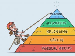 Comic drawing of mountain climber going up Maslow's pyramid