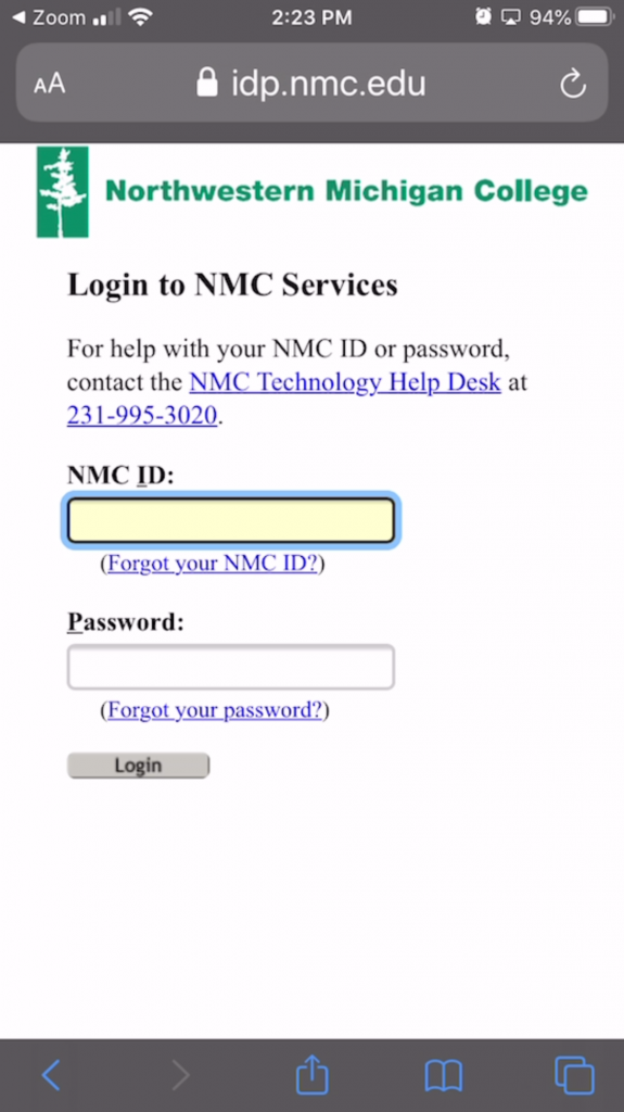 NMC IDP login screen