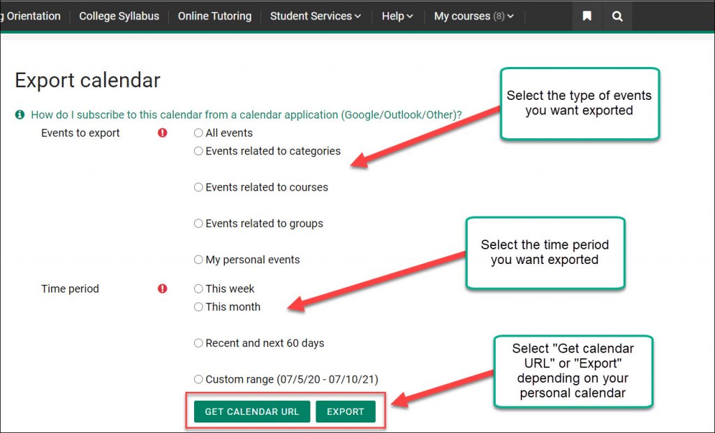 Exporting Moodle Calendars to Your Personal Calendar NMC's Center for