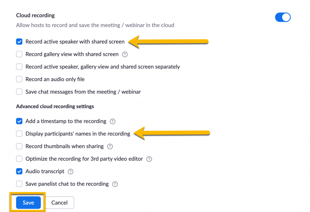 Zoom recording setting for Active Speaker and no participants' names 