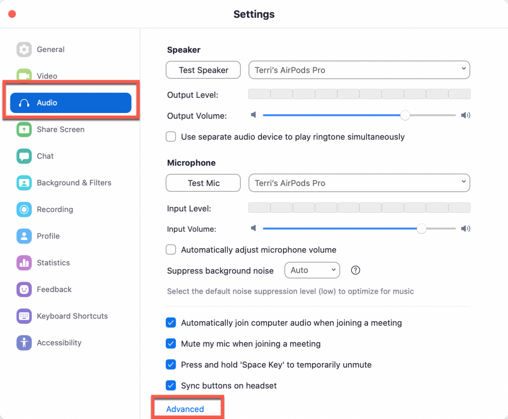 Audio settings pop up window