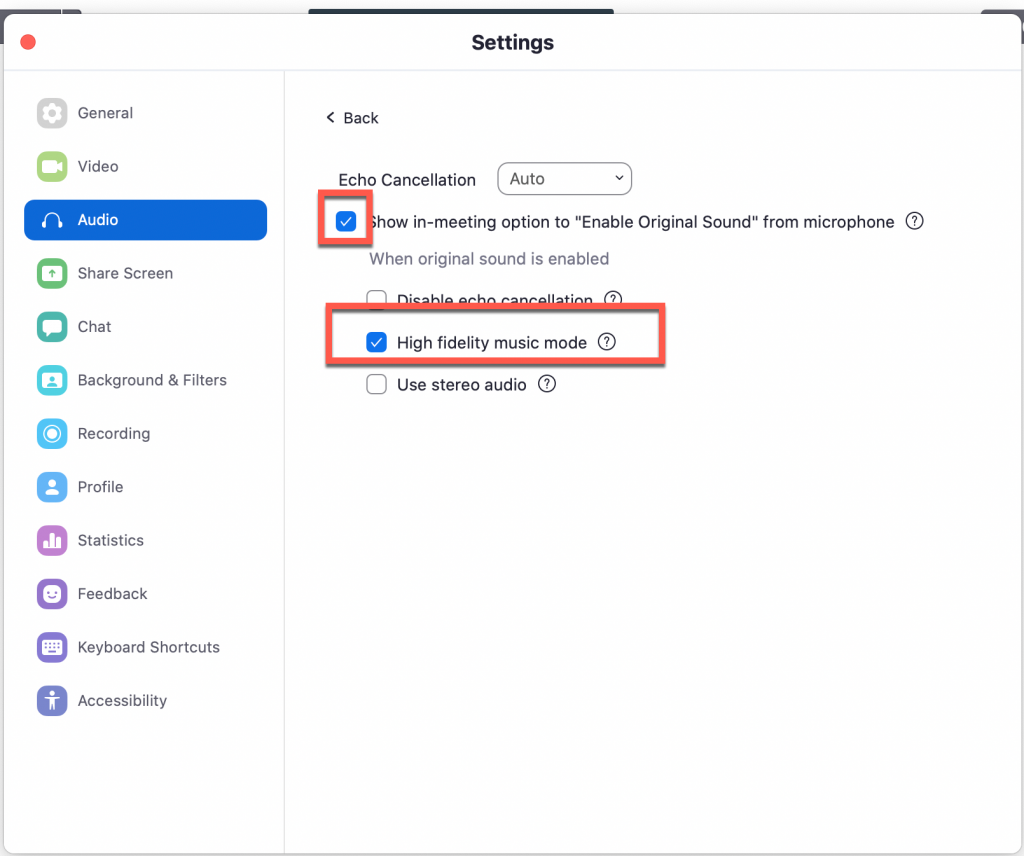 How to turn on the high fidelity audio option in Zoom