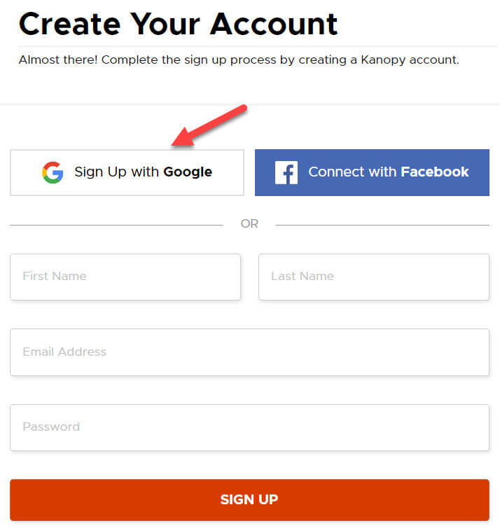 Kanopy create account page with arrow pointing to Sign in with Google option