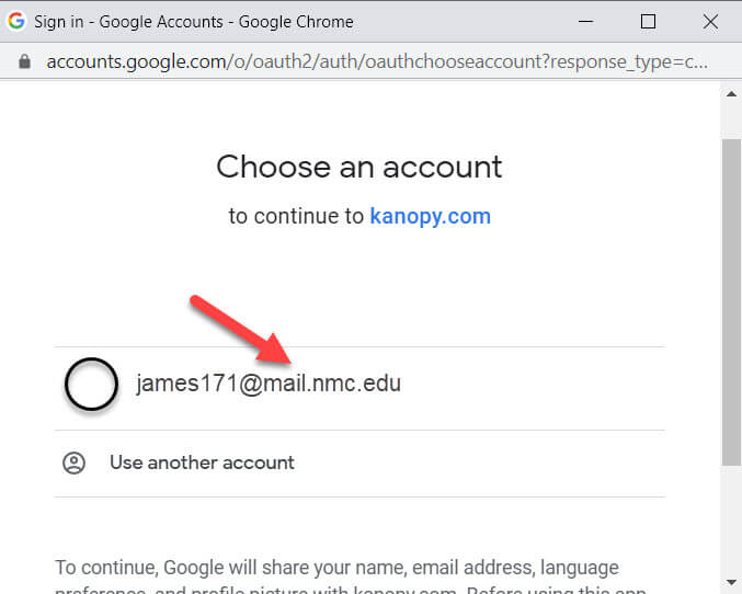 Google 'Choose account' screen with arrow pointing to example student NMC email account