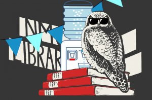 festive library owl by water cooler