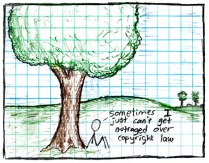 cartoon of stick person sitting under tree with talk bubble: 'sometimes i just can't get outraged over copyright law.'