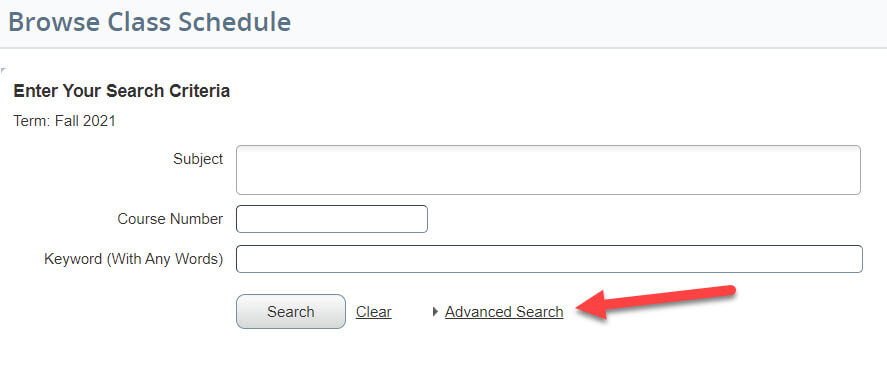 Browse Class Schedule view with arrow pointing at Advanced Search option