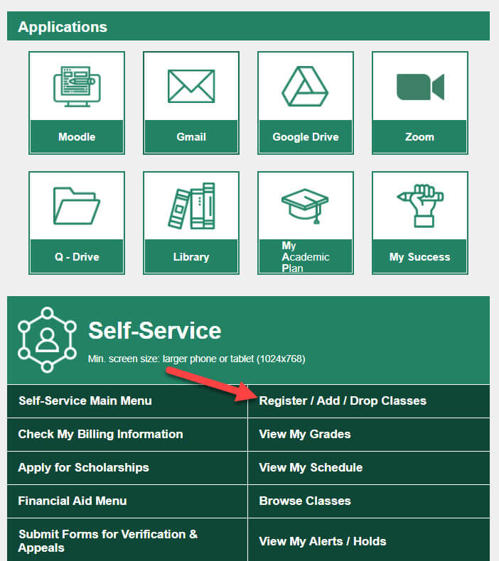 myNMC portal view w/ arrow pointing to register for NMC classes button