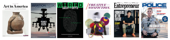 Covers of magazines available at the NMC library