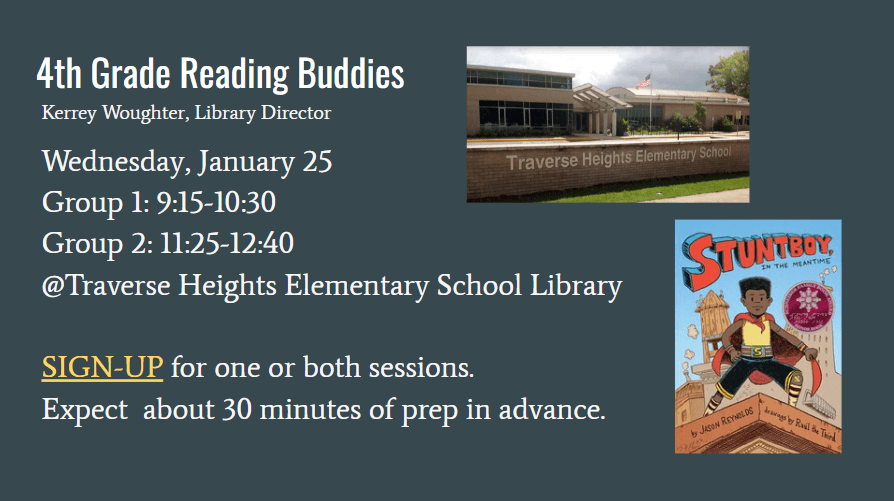 4th grade reading buddies at traverse heights elementary school library wednesday, january 25