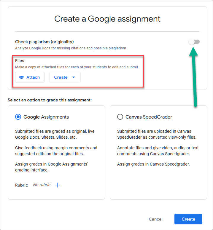 Choice options for creating Google Assignment