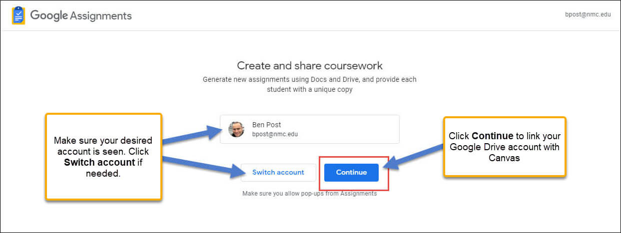 Select your NMC account to link to Google Assignment