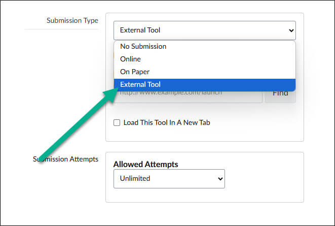 Click external tool from the submission type dropdown