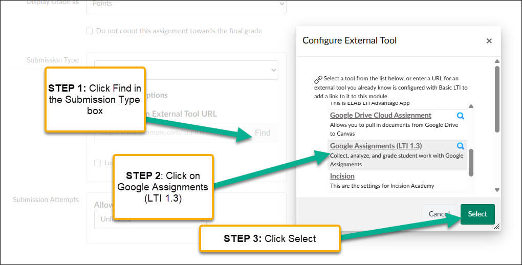 Click "Find," then select "Google Assignments" and press "Select."