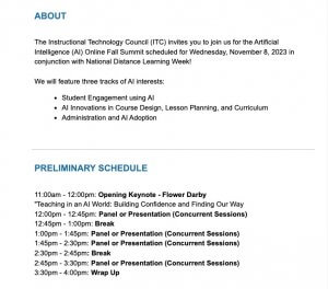 Screenshot of the preliminary schedule for the ITC AI Fall Online Summit.
