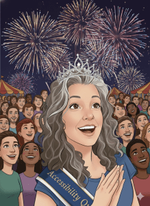 Accessibility Queen watching fireworks with a crowd behind her also watching