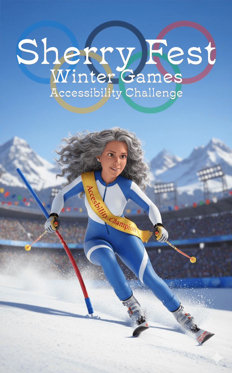 Sherry Fest Winter Games Accessibility Challenge. Sherry skiing the Olympic Slalom.