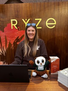 Swoop at Ryze coffee making friends. They were entertained by adults carrying around a stuffed owl.